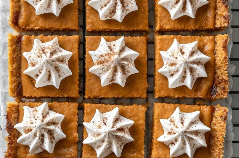 Delicious cozy pumpkin pie bars on a plate topped with whipped cream.