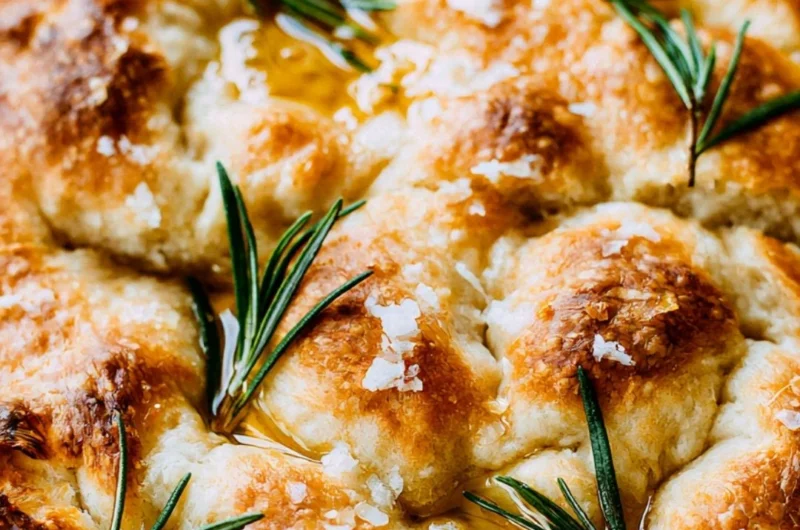 Freshly baked same-day sourdough focaccia bread with herbs and olive oil