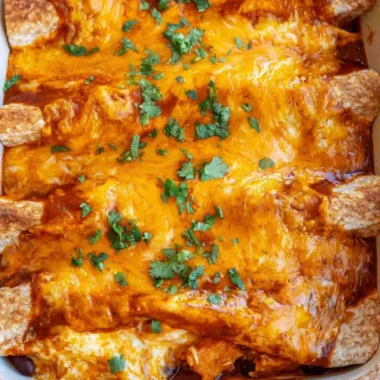 Cozy vegetarian enchiladas topped with fresh herbs and cheese