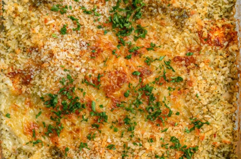 Cozy white bean and pesto bake served in a rustic dish