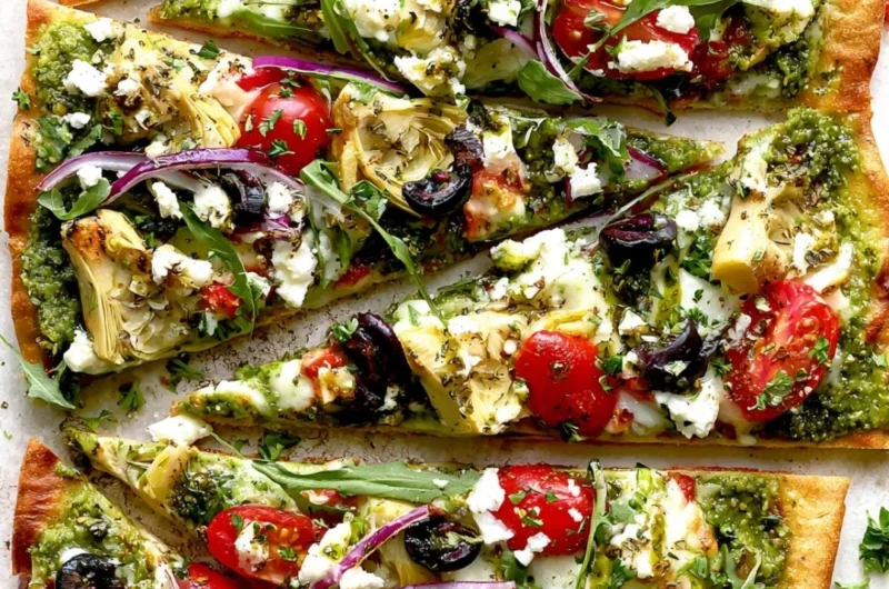 Delicious Mediterranean flatbread pizza with fresh toppings.