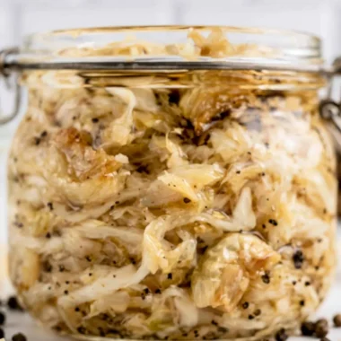 Delicious Roasted Garlic Sauerkraut in a bowl, showcasing rich flavors and vibrant color.