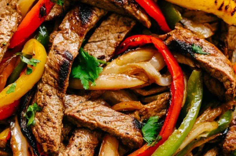 Delicious skillet steak fajitas sizzling in a cast iron pan with colorful peppers and onions.