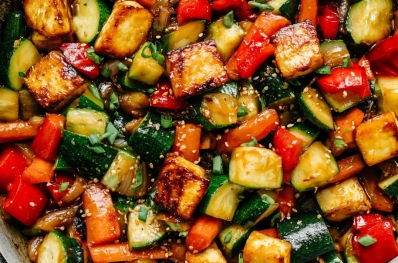 Vibrant zucchini stir fry with tofu, garnished with fresh herbs and spices.
