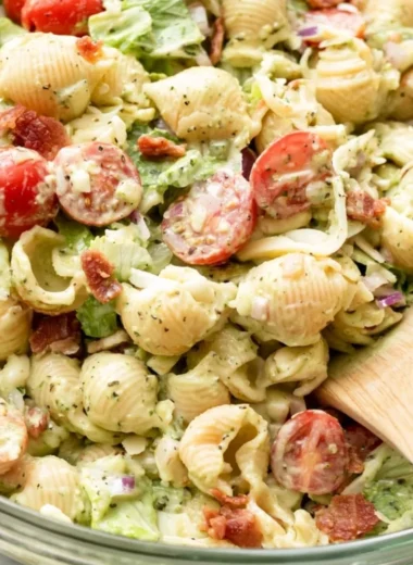 Delicious BLT Pasta Salad served in a bowl with fresh ingredients