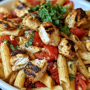 Delicious Bruschetta Chicken Pasta topped with fresh tomatoes and basil.
