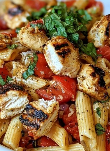 Delicious Bruschetta Chicken Pasta topped with fresh tomatoes and basil.