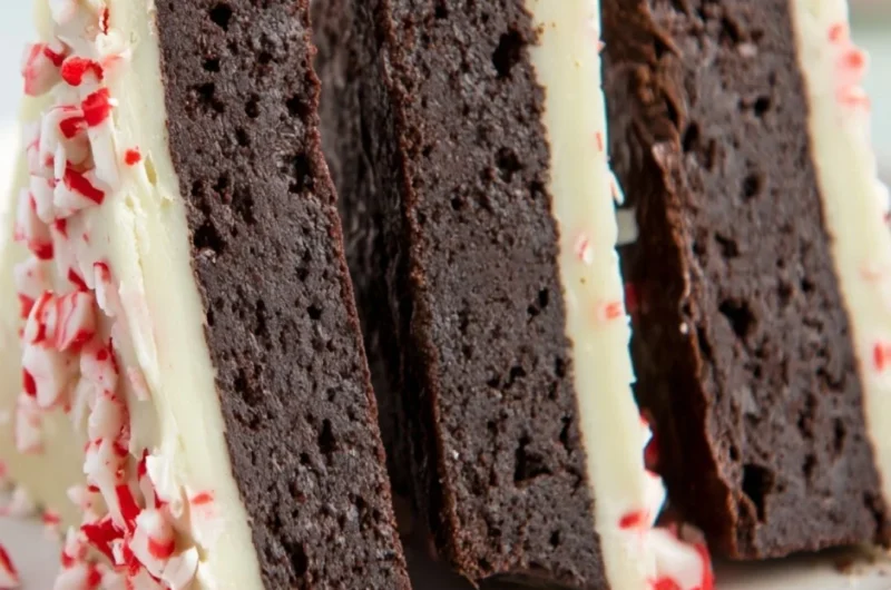 Cozy peppermint bark brownies topped with crushed candy canes and chocolate drizzle.