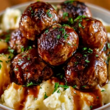 Cozy Salisbury steak meatballs on a plate with garlic herb mashed potatoes