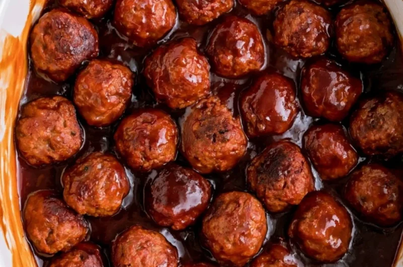Three-ingredient grape jelly meatballs served on a platter
