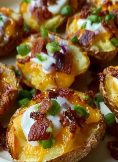 Delicious loaded mini potato bites topped with cheese and bacon